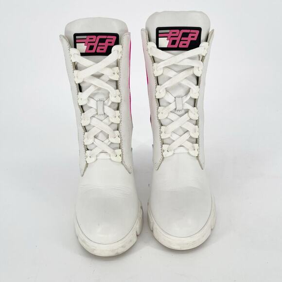 Prada White Leather Hot Pink Neoprene Lace Up Chelsea Combat Ankle Boot IT 37.5 - Picture 6 of 16